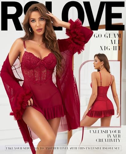 Luxury Lingerie Set for Women Lace Babydoll with Mesh Bathrobe 3 Piece Set